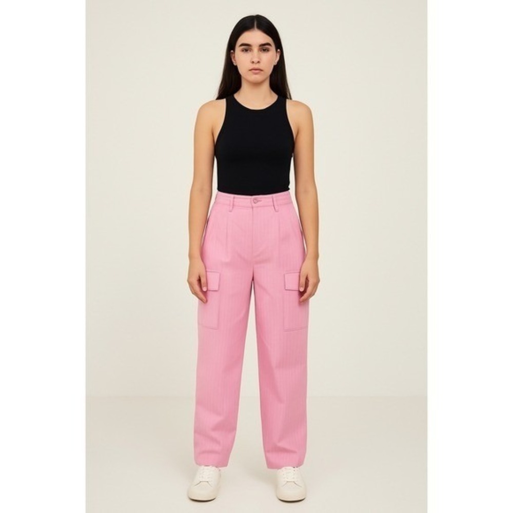 Rivir Pink Pinstripe Cargo Pants High Waisted Tie Ankle Trousers Women's Size S